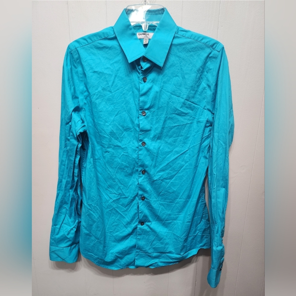 Express Button Front Shirt Small Blue Fitted 14 - 14.5 Long Sleeve B636
